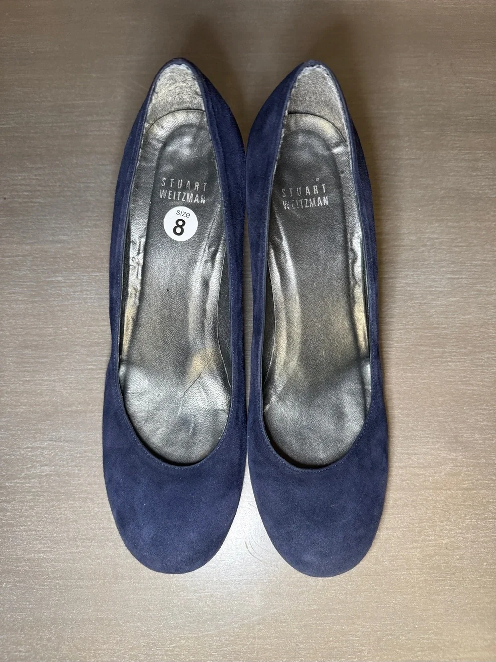 Stuart Weitzman Navy Blue Suede Wedge Pumps Round Toe Dress Shoes Spain Size 8 - Picture 4 of 13